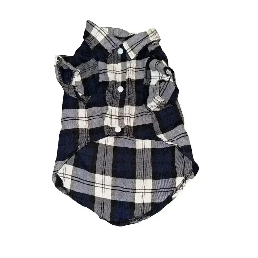 Dog Plaid Collar Shirt Blue/Black/White plaid Flannel Pet Apparel Medium